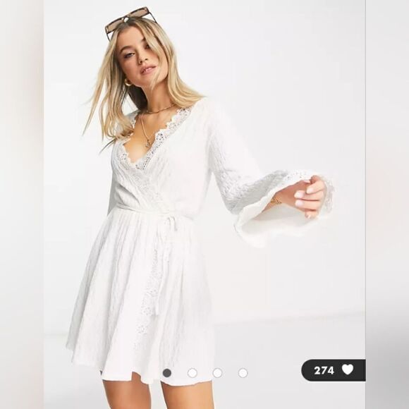 Asos textured long sleeve white mini wrap dress with crochet trim size 10 - Picture 8 of 12